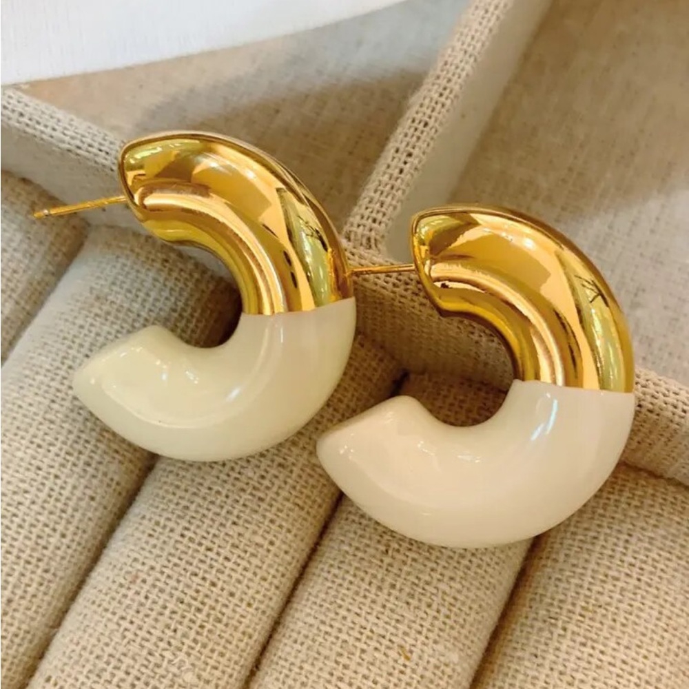 Gold Plated Half Enamel Thick Hoop Earrings